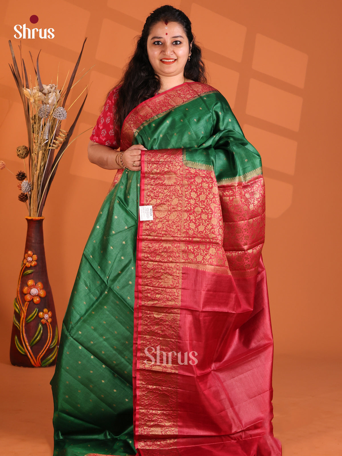 Green & Maroon - Tussar Saree