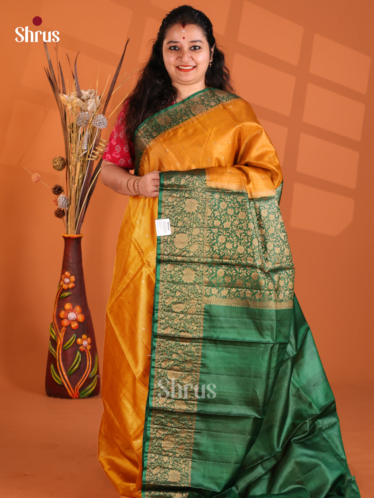 Mustard & Green- Tussar Saree - Shop on Shrus.com