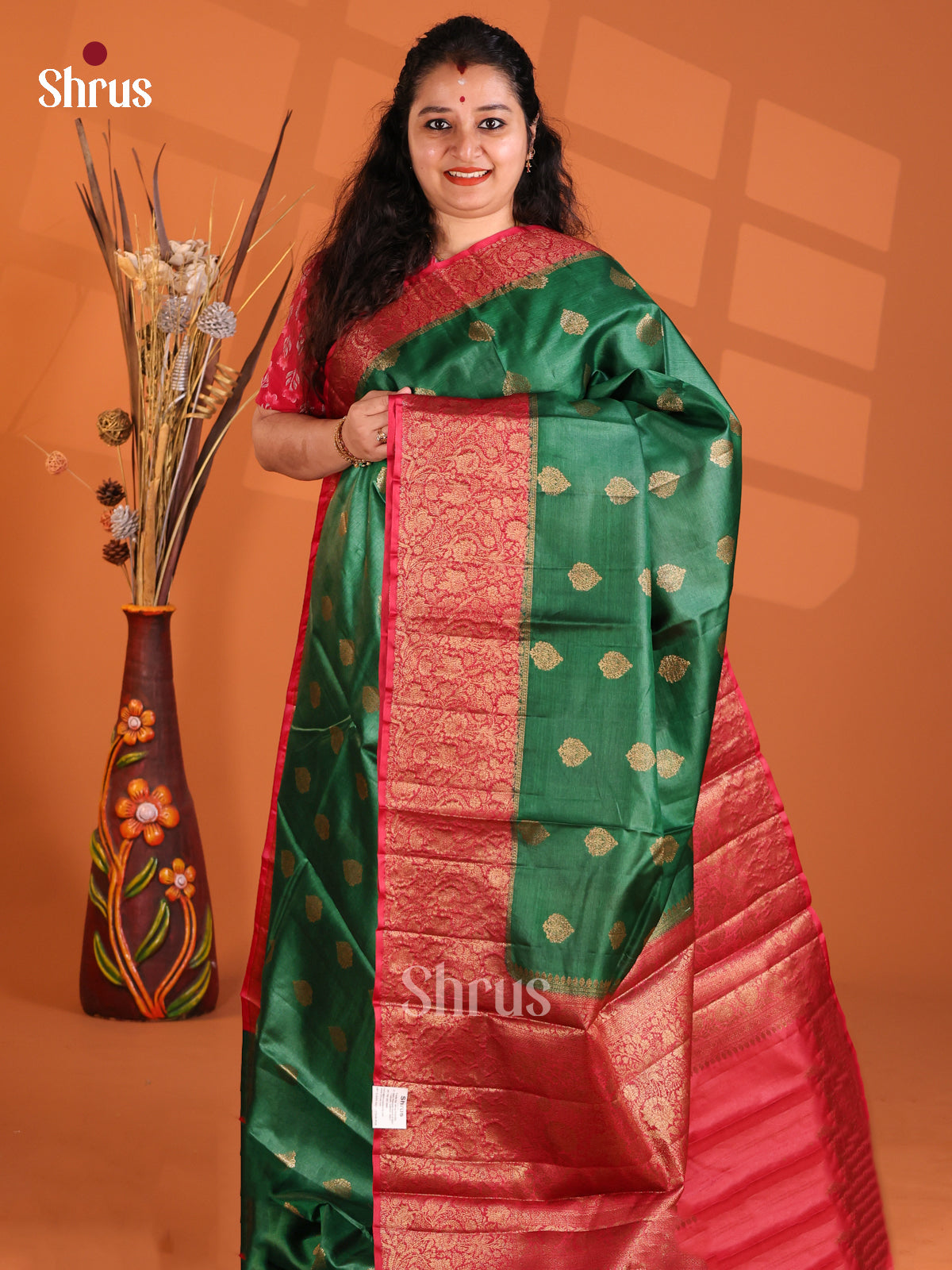 Green & Maroon - Tussar Saree