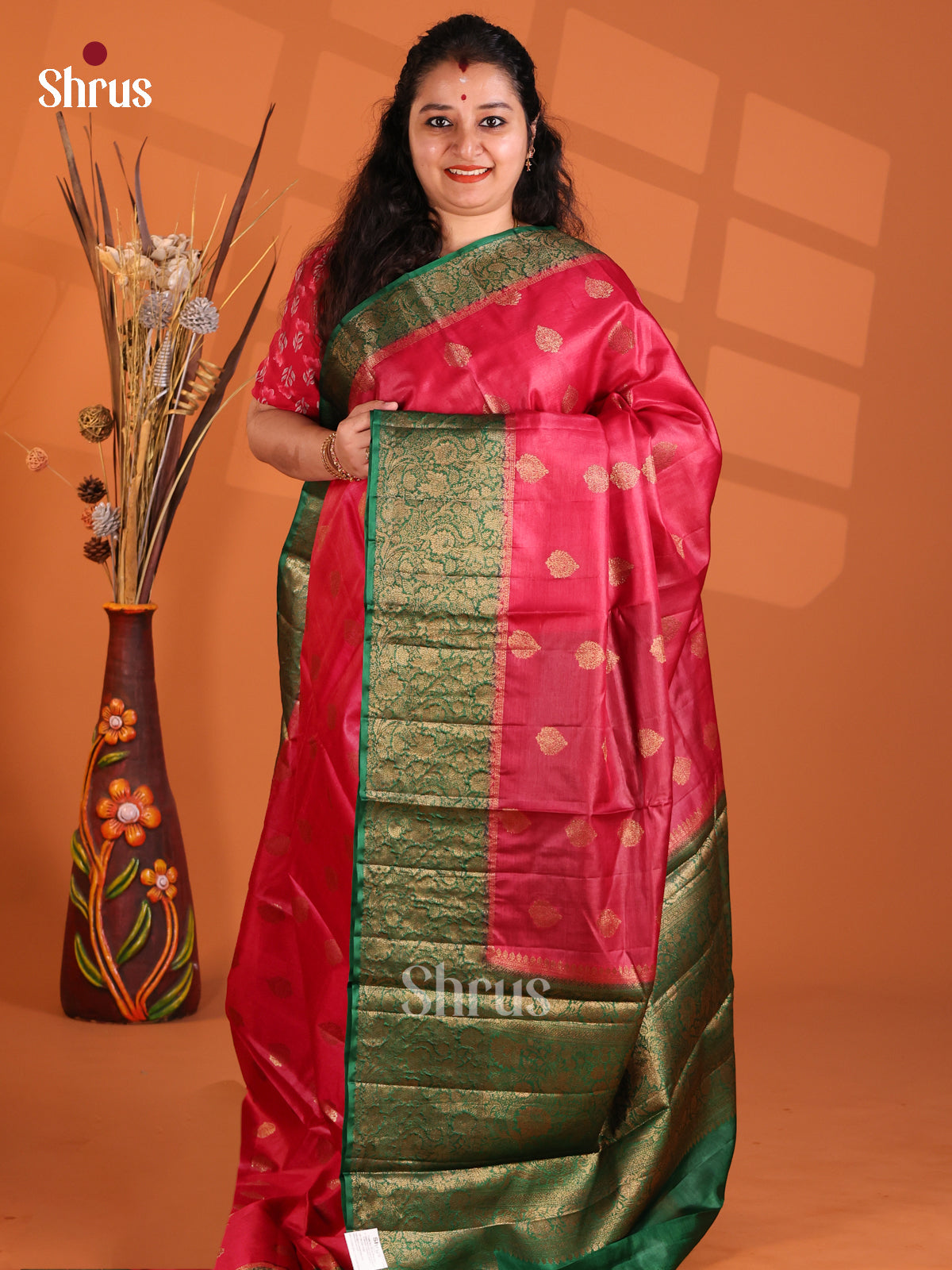 bright Red & Green designed - Tussar Saree