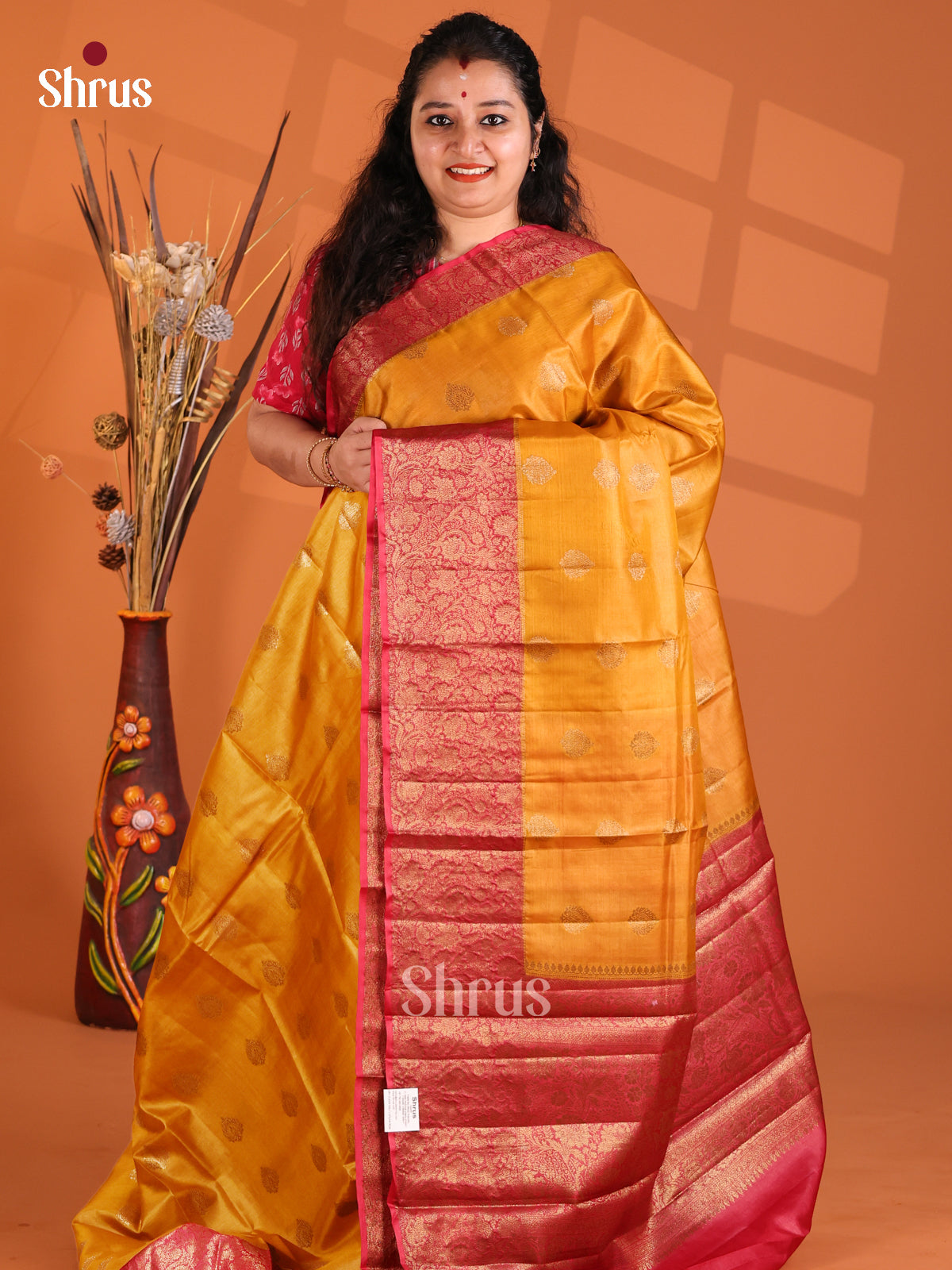 Mustard & Maroon - Tussar Saree