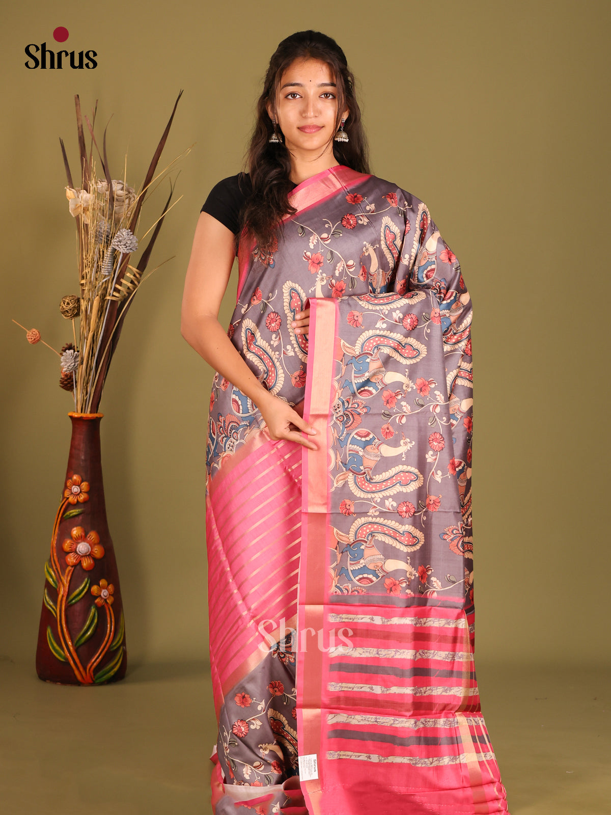 Pink & Grey- Semi matka Saree