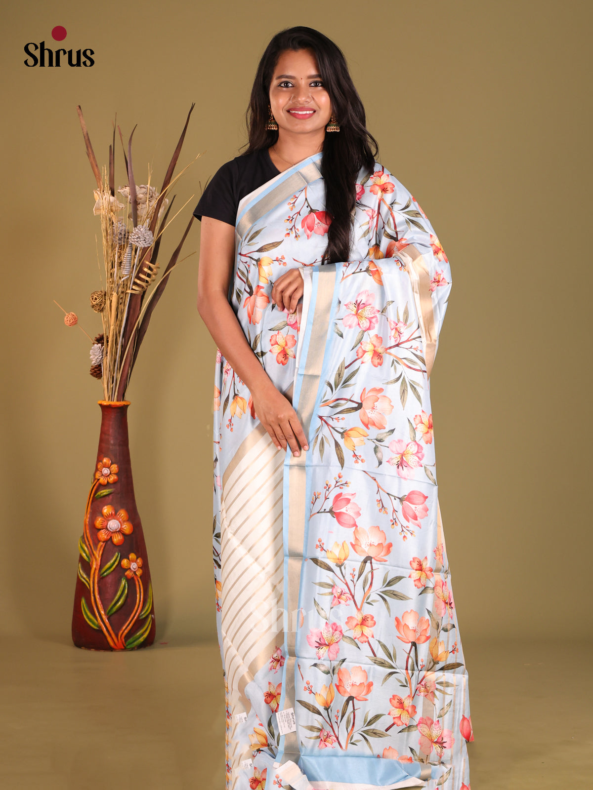Cream & Blue- Semi matka Saree