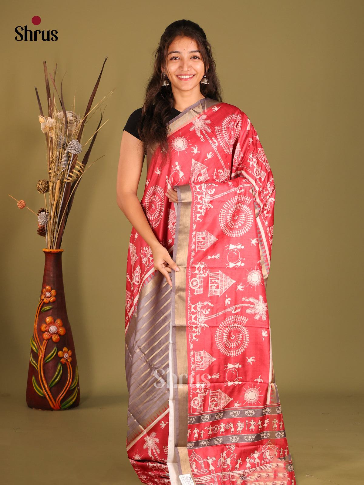Grey & Red - Semi matka Saree