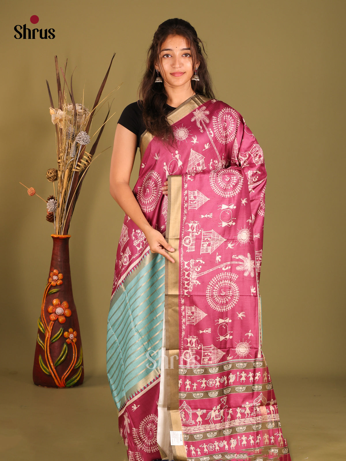 Pastel Green & Maroon - Semi matka Saree - Shop on Shrus.com