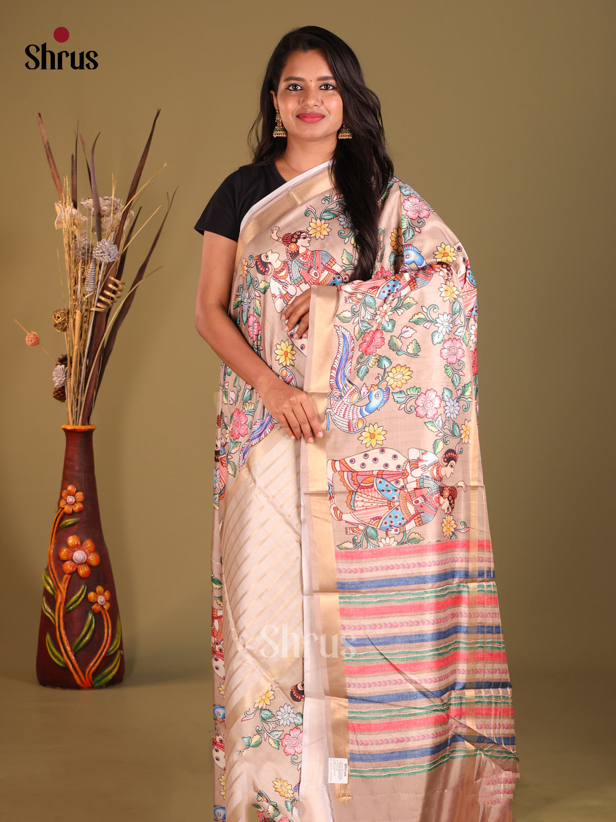 Cream & Grey - Semi matka Saree