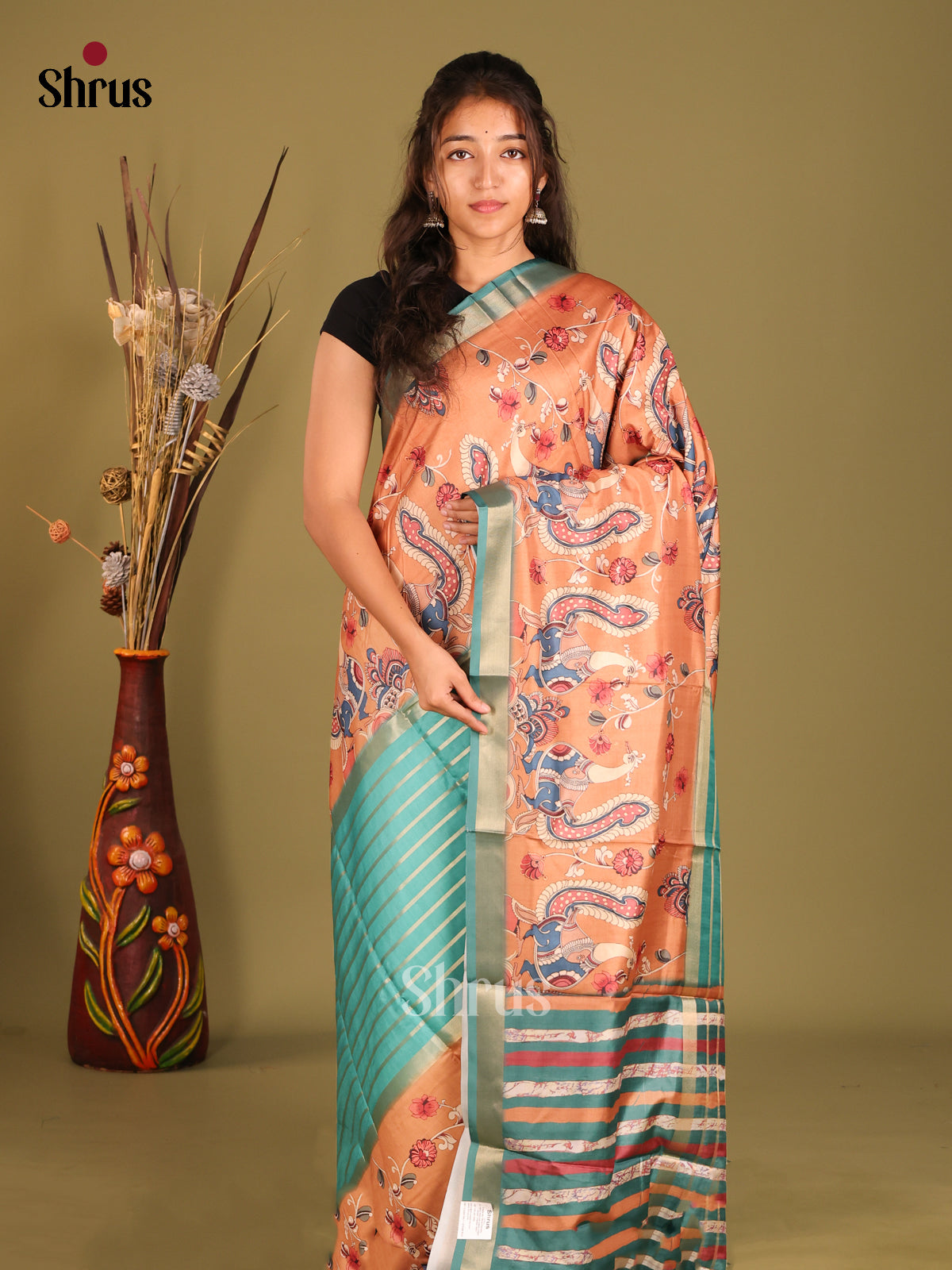 Green & Orange - Semi matka Saree - Shop on Shrus.com