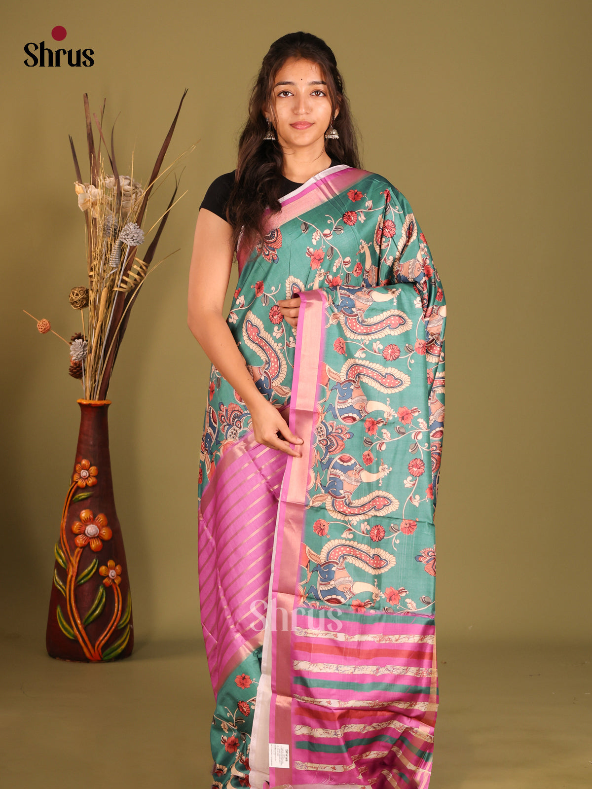 Green & Pink - Semi matka Saree