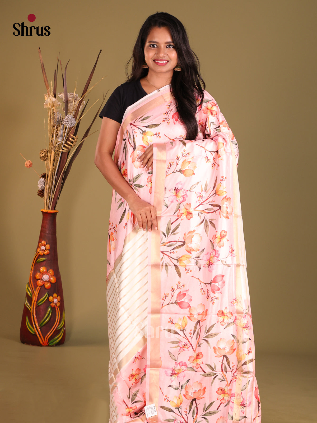 Cream & Pink - Semi matka Saree