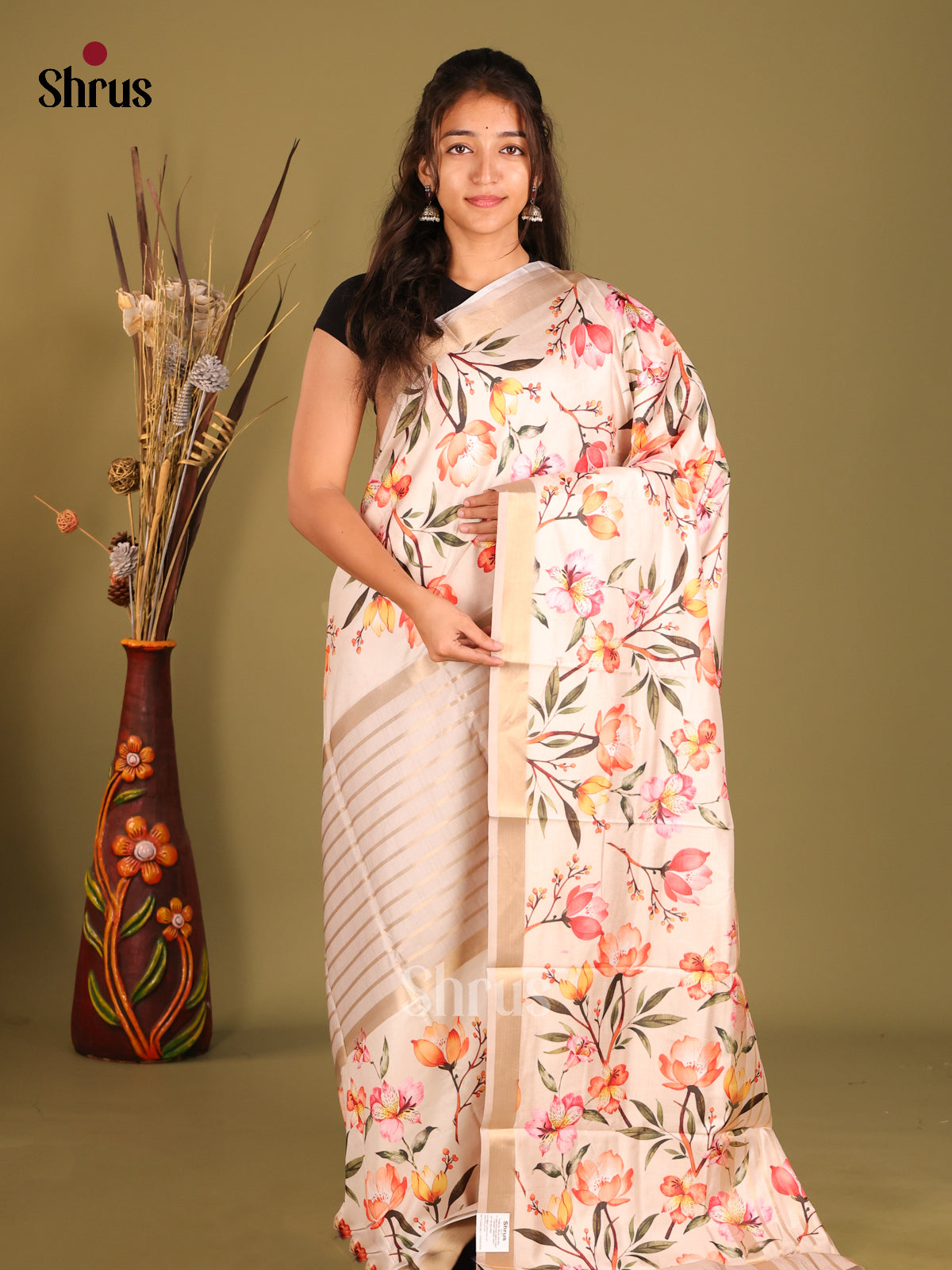 Cream - Semi matka Saree