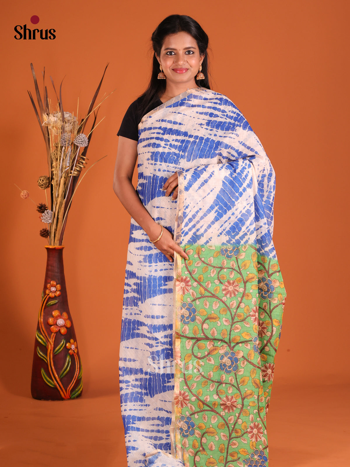 Cream & Green - Linen Cotton Saree