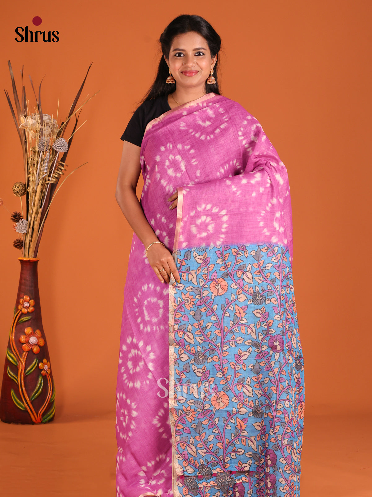 Purple & Blue - Linen Cotton Saree - Shop on Shrus.com