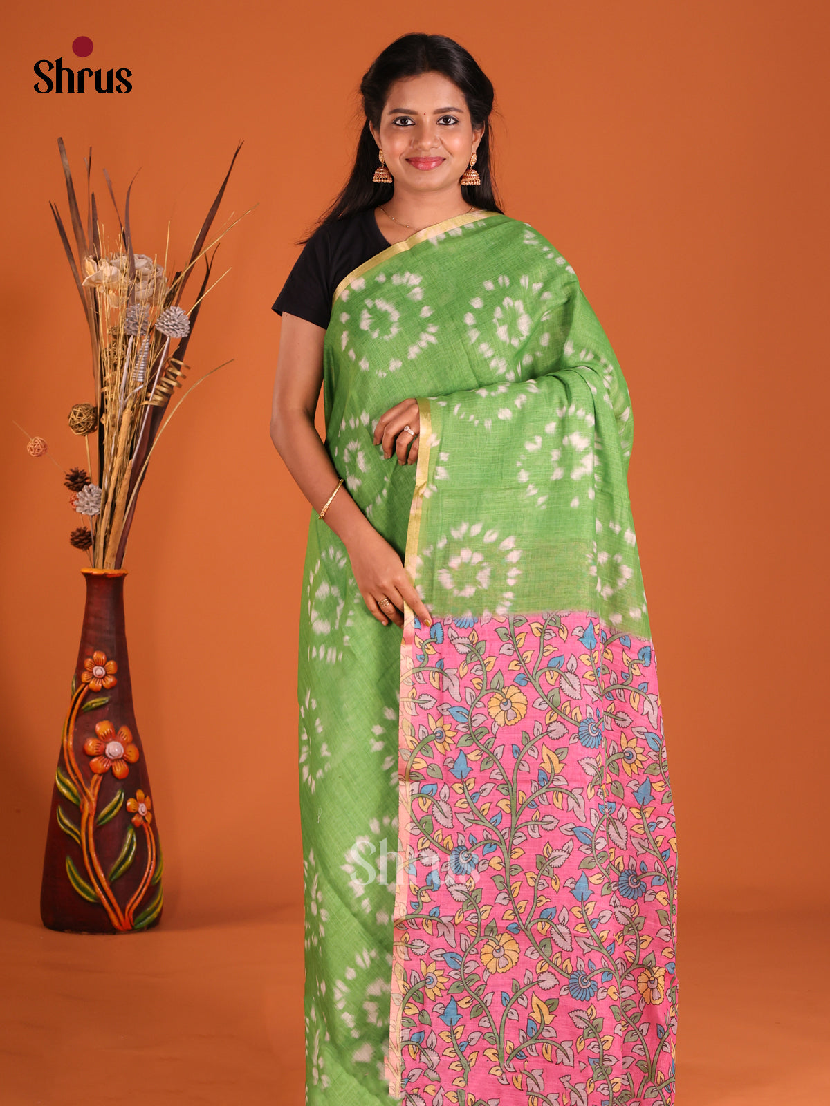 Green & Pink - Linen Cotton Saree