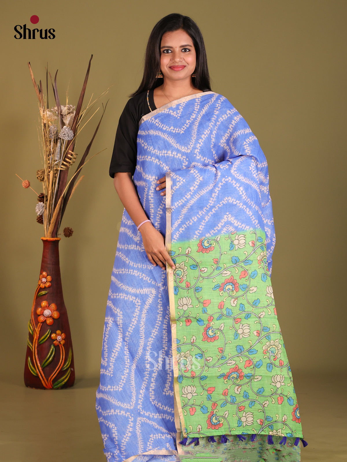 Blue & Green - Linen Cotton Saree