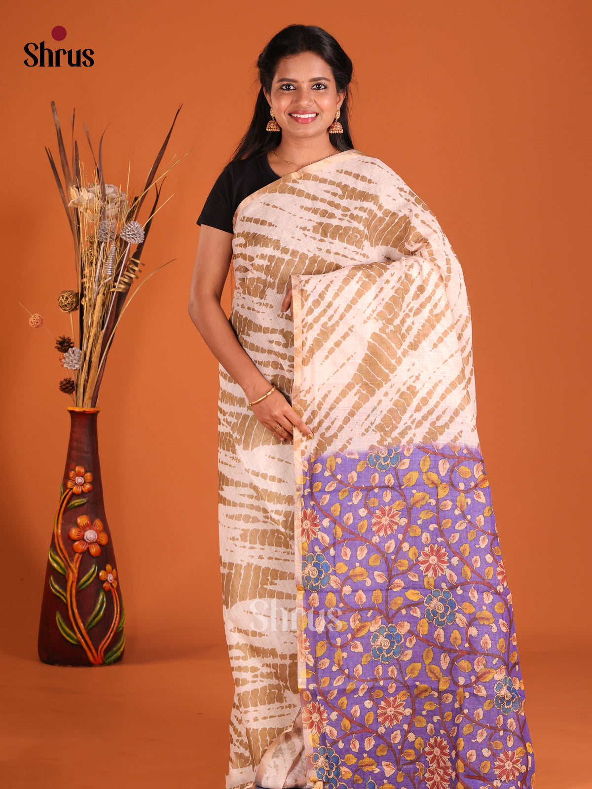 Cream & Purple - Linen Cotton Saree