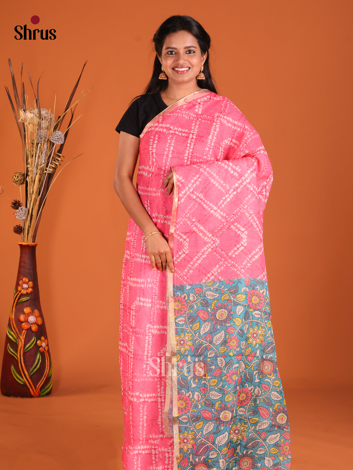 Pink & Blue - Linen Cotton Saree