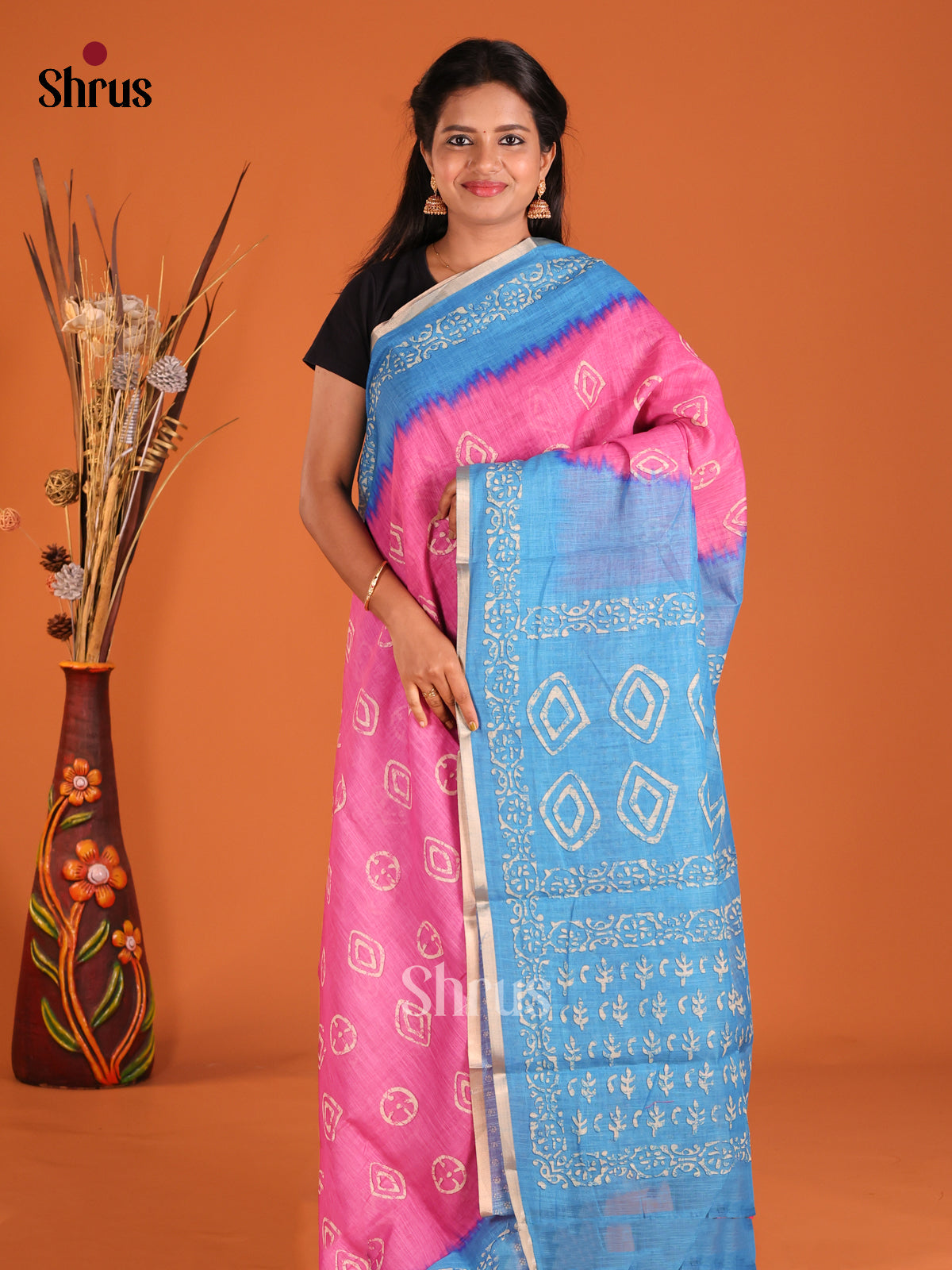 Pink & Blue- Linen Cotton Saree