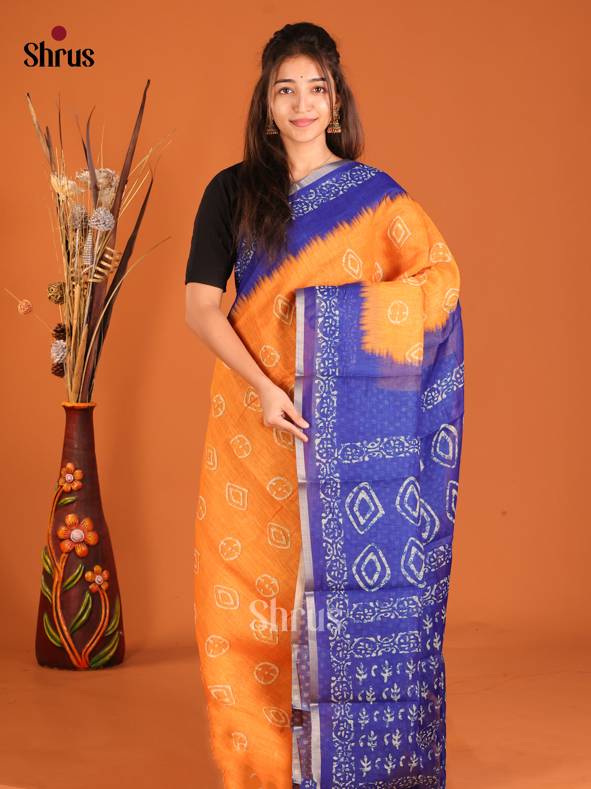 Orange & Blue - Linen Cotton Saree