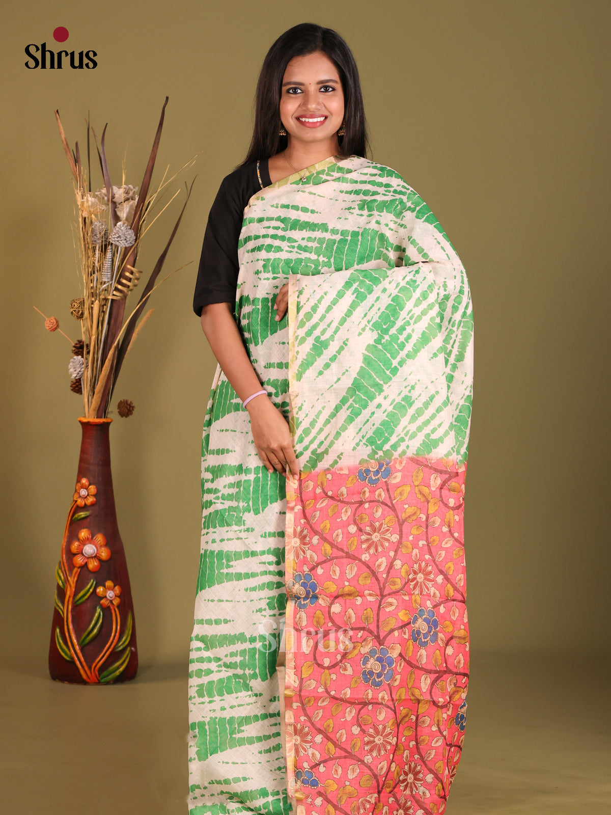 Gree & Pink- Linen Cotton Saree - Shop on Shrus.com