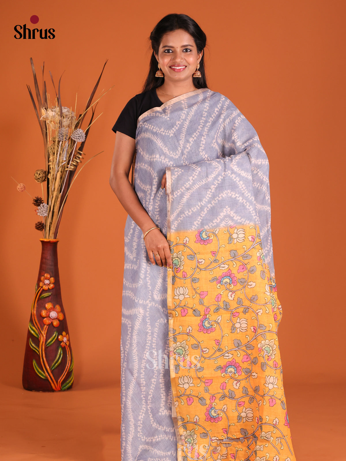 Grey & Mustard - Linen Cotton Saree