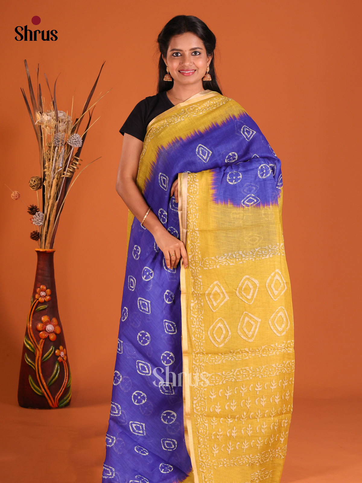 Blue & Mustard- Linen Cotton Saree