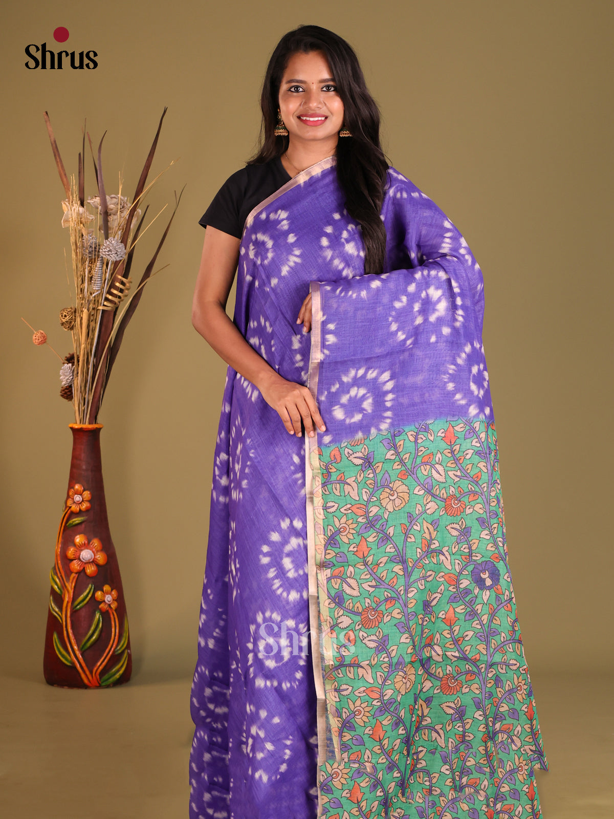 Purple & Green - Linen Cotton Saree - Shop on Shrus.com