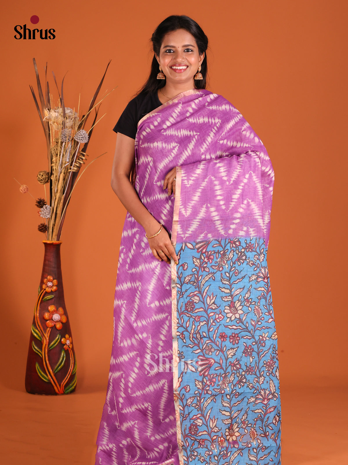Purple & Blue - Linen Cotton Saree - Shop on Shrus.com