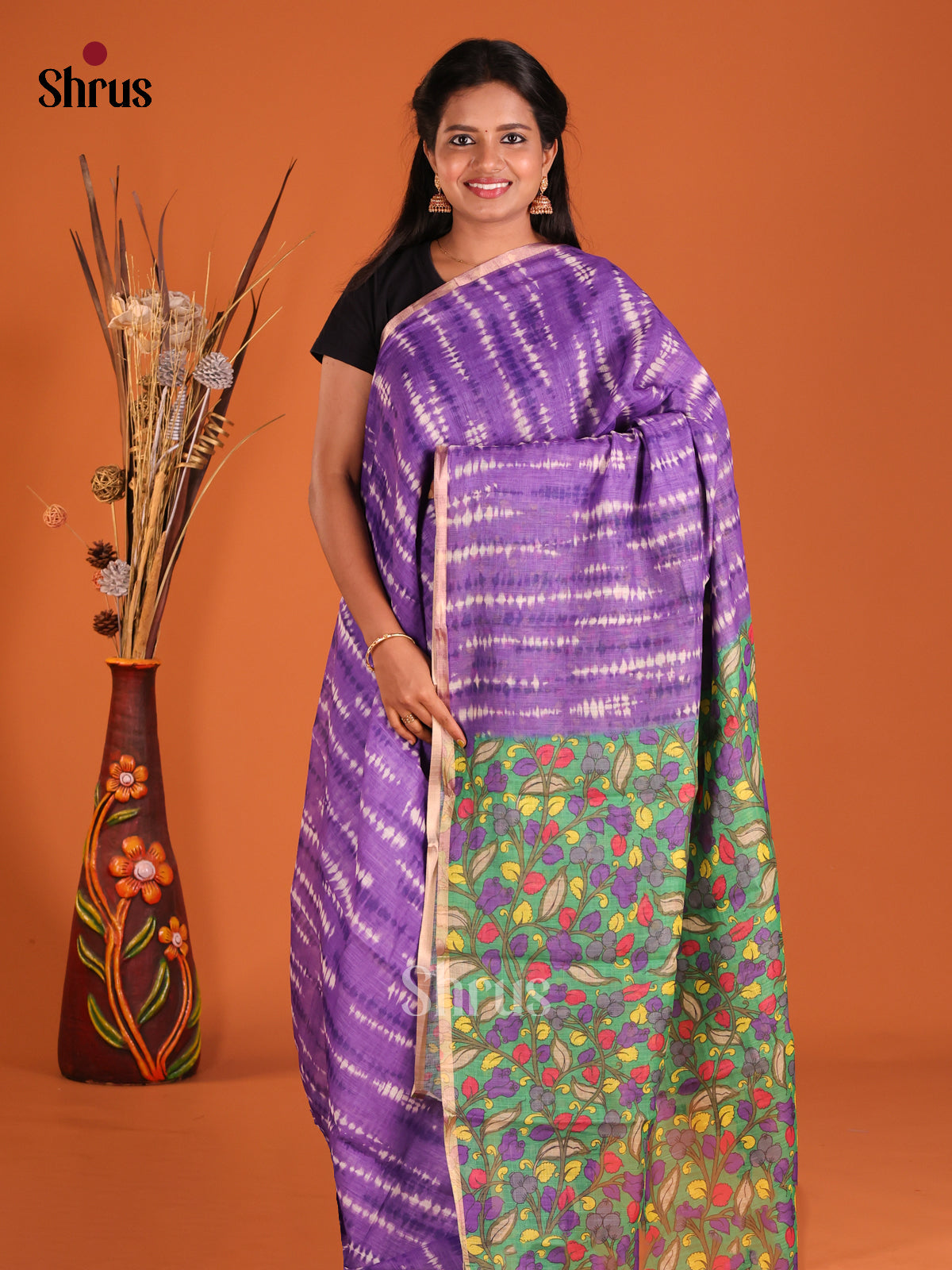 Purple & Green - Linen Cotton Saree