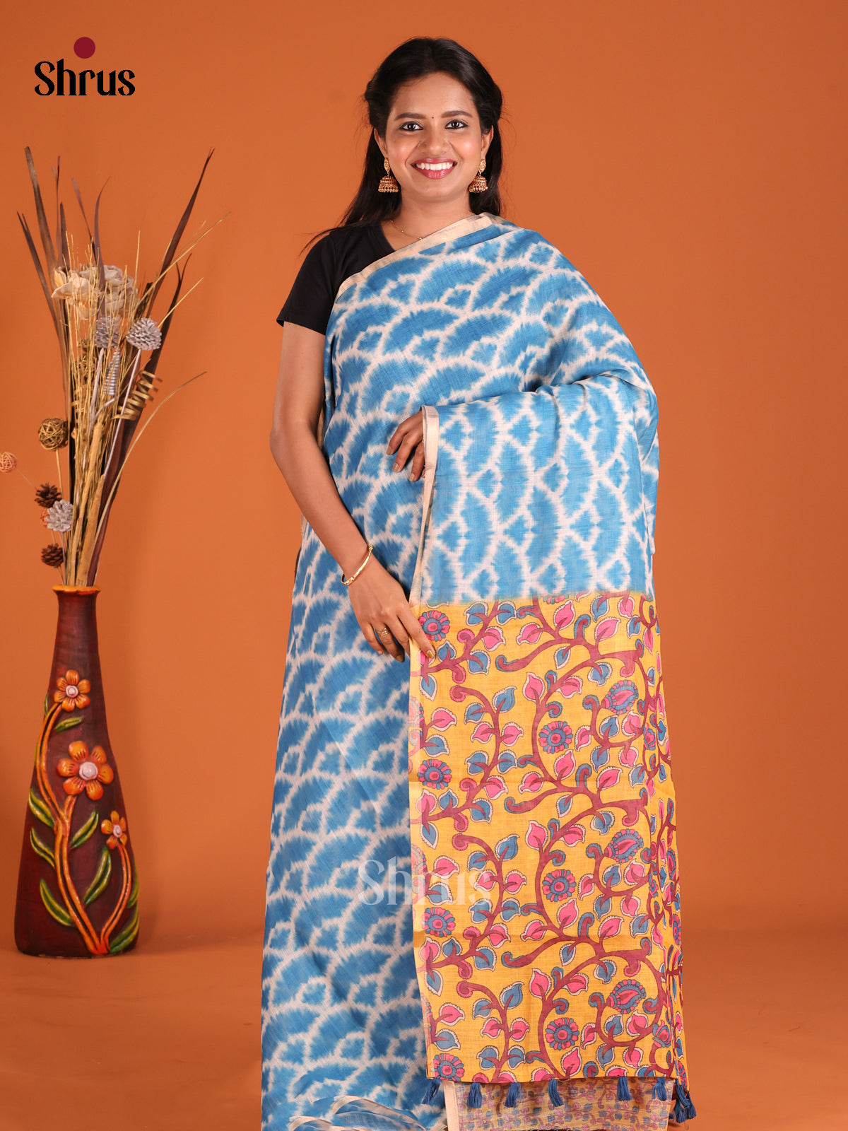 Blue & Mustard - Linen Cotton Saree