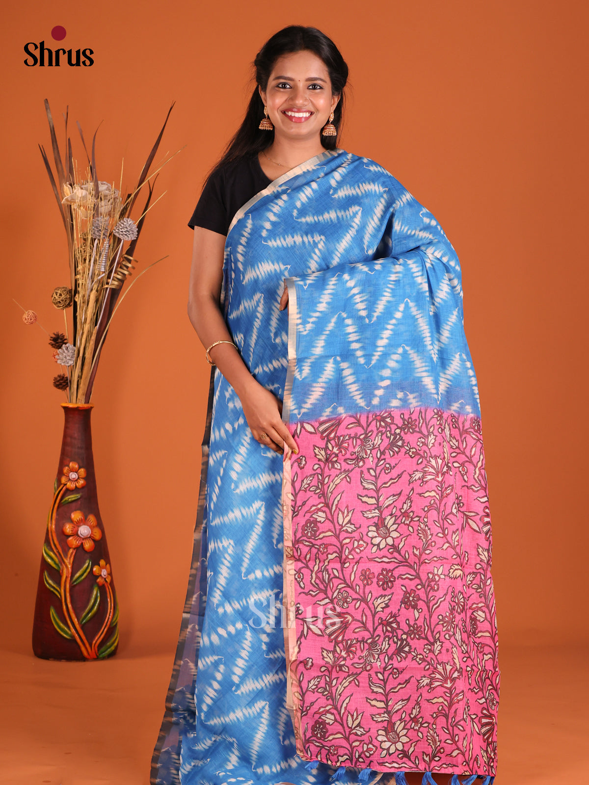 Blue & Pink - Linen Cotton Saree