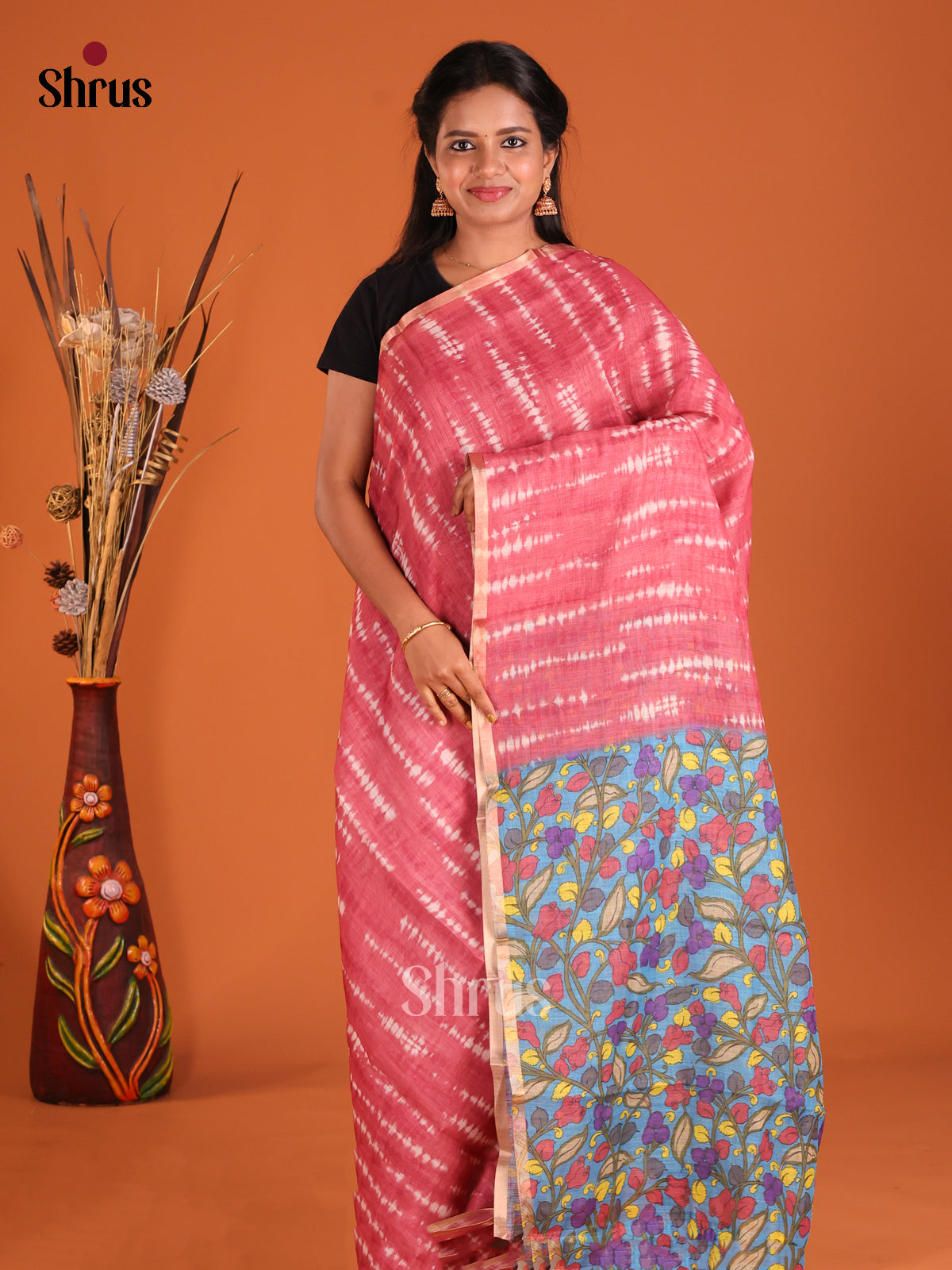 Red & Blue - Linen Cotton Saree - Shop on Shrus.com