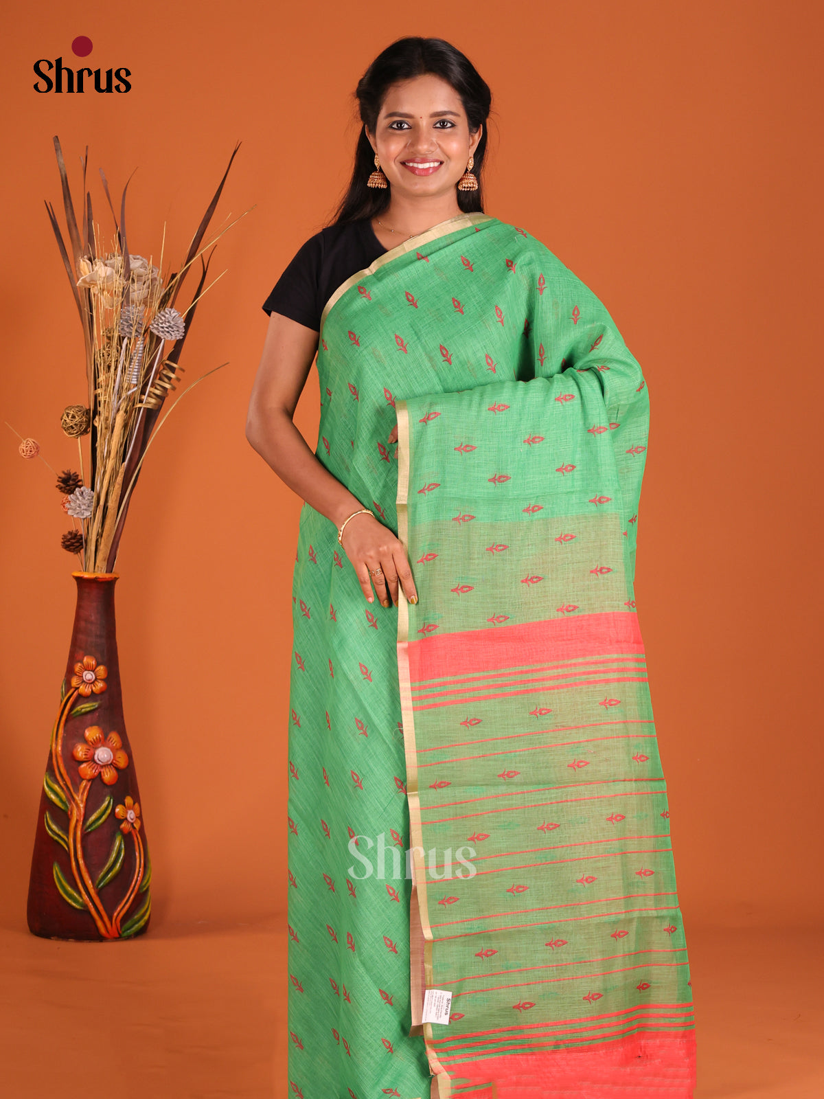 Green & Pink- Linen Cotton Saree