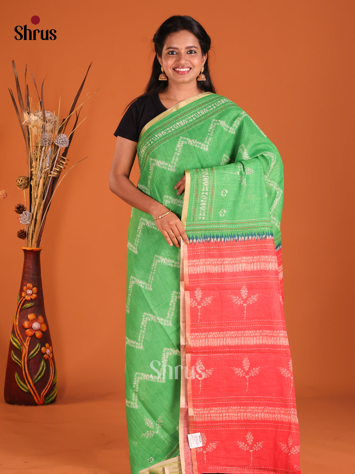Green & Orangish Pink - Linen Cotton Saree