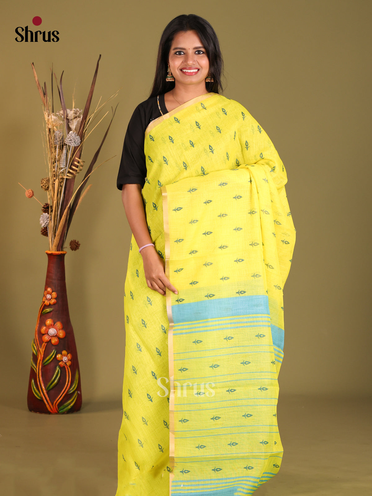 Yellow & Blue - Linen Cotton Saree - Shop on Shrus.com