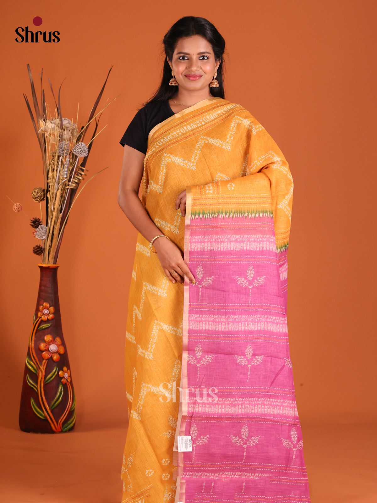 Mustard & Pink - Linen Cotton Saree - Shop on Shrus.com