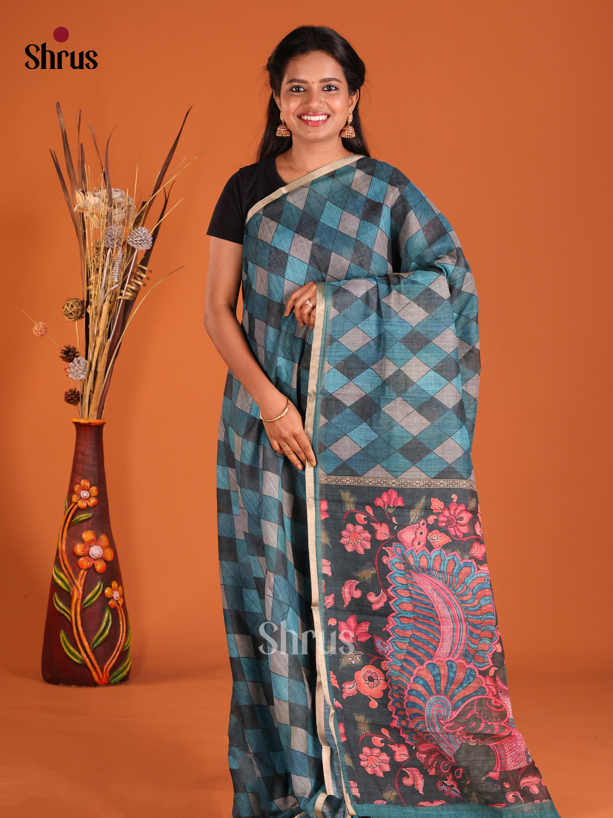 Blue & Green - Linen Cotton Saree