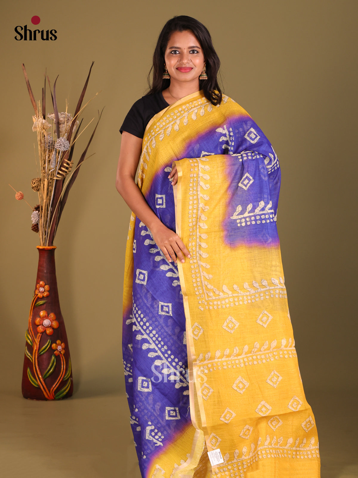 Blue & Yellow - Linen Cotton Saree