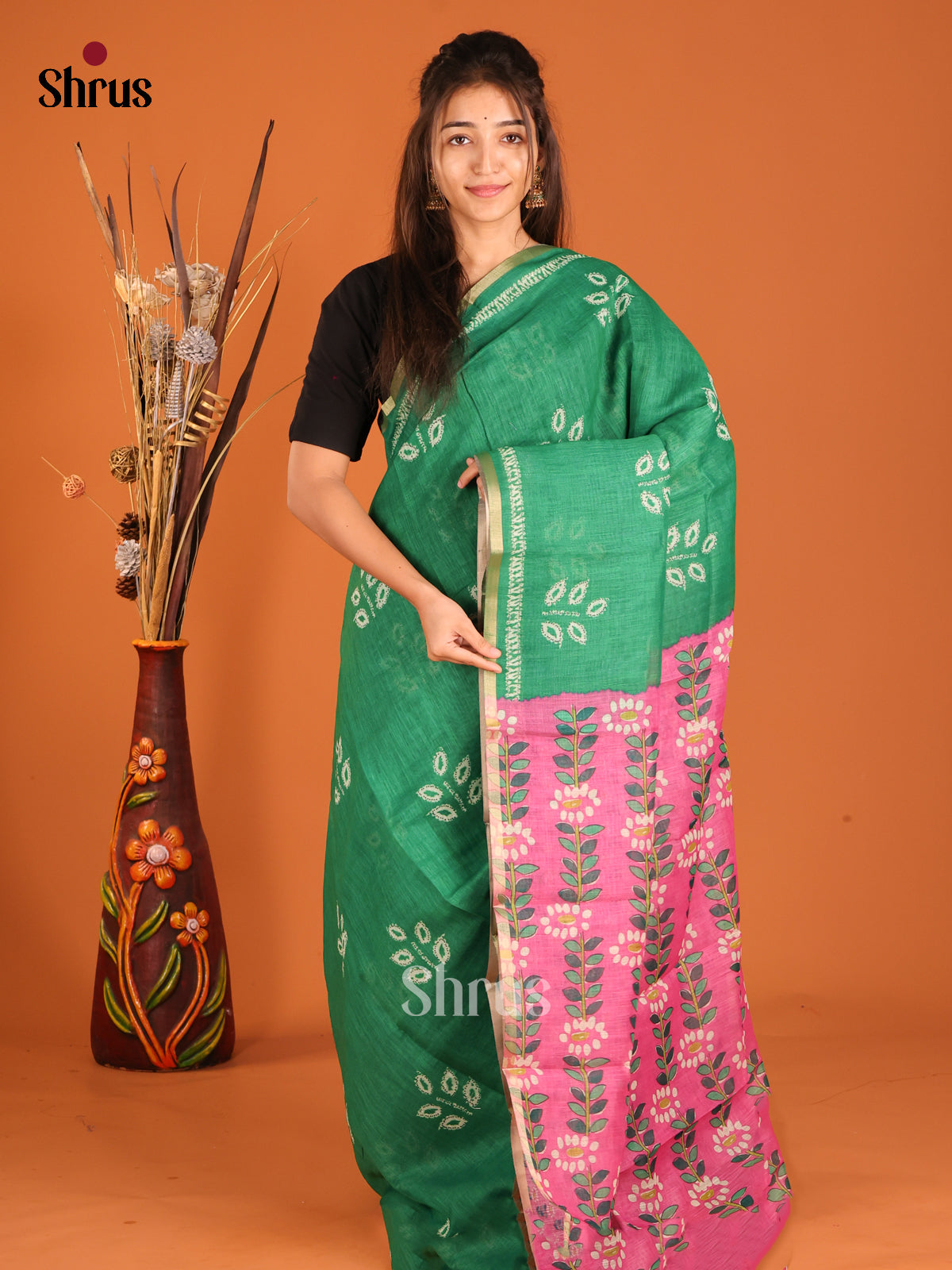 Green & Pink - Linen Cotton Saree - Shop on Shrus.com