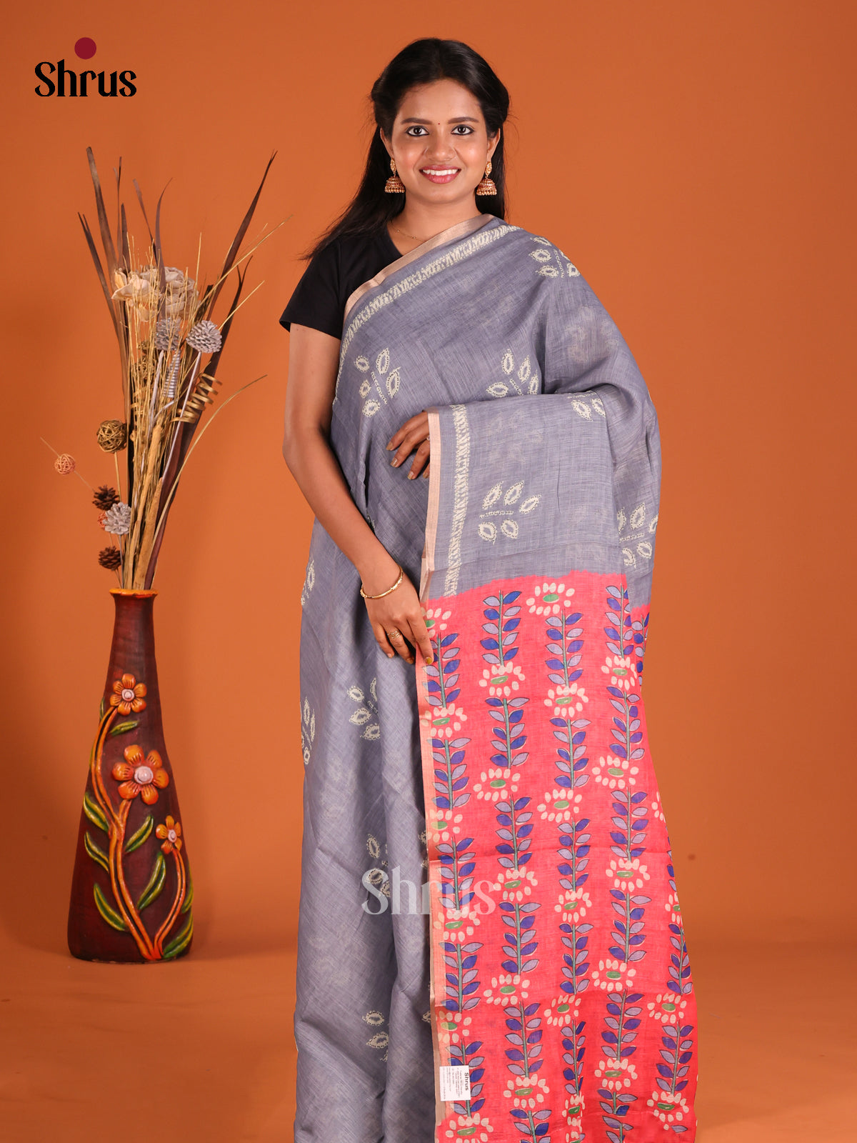 Grey & Orange- Linen Cotton Saree