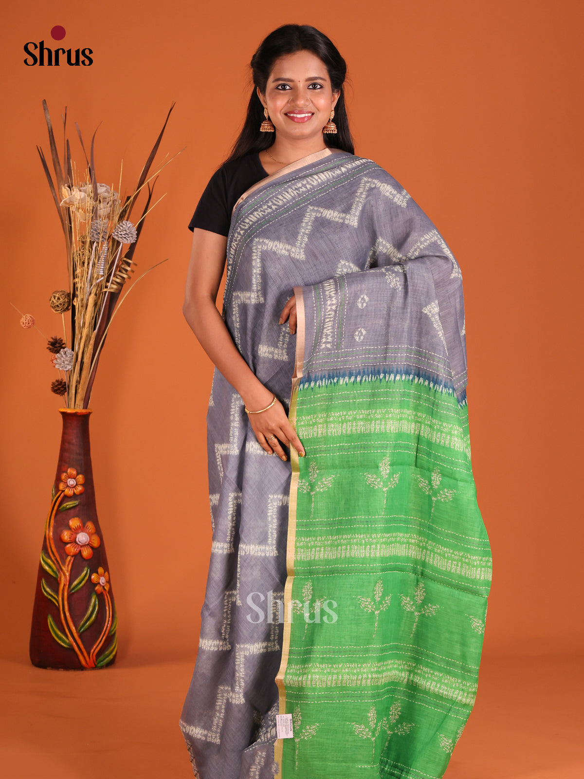 Grey & Green - Linen Cotton Saree