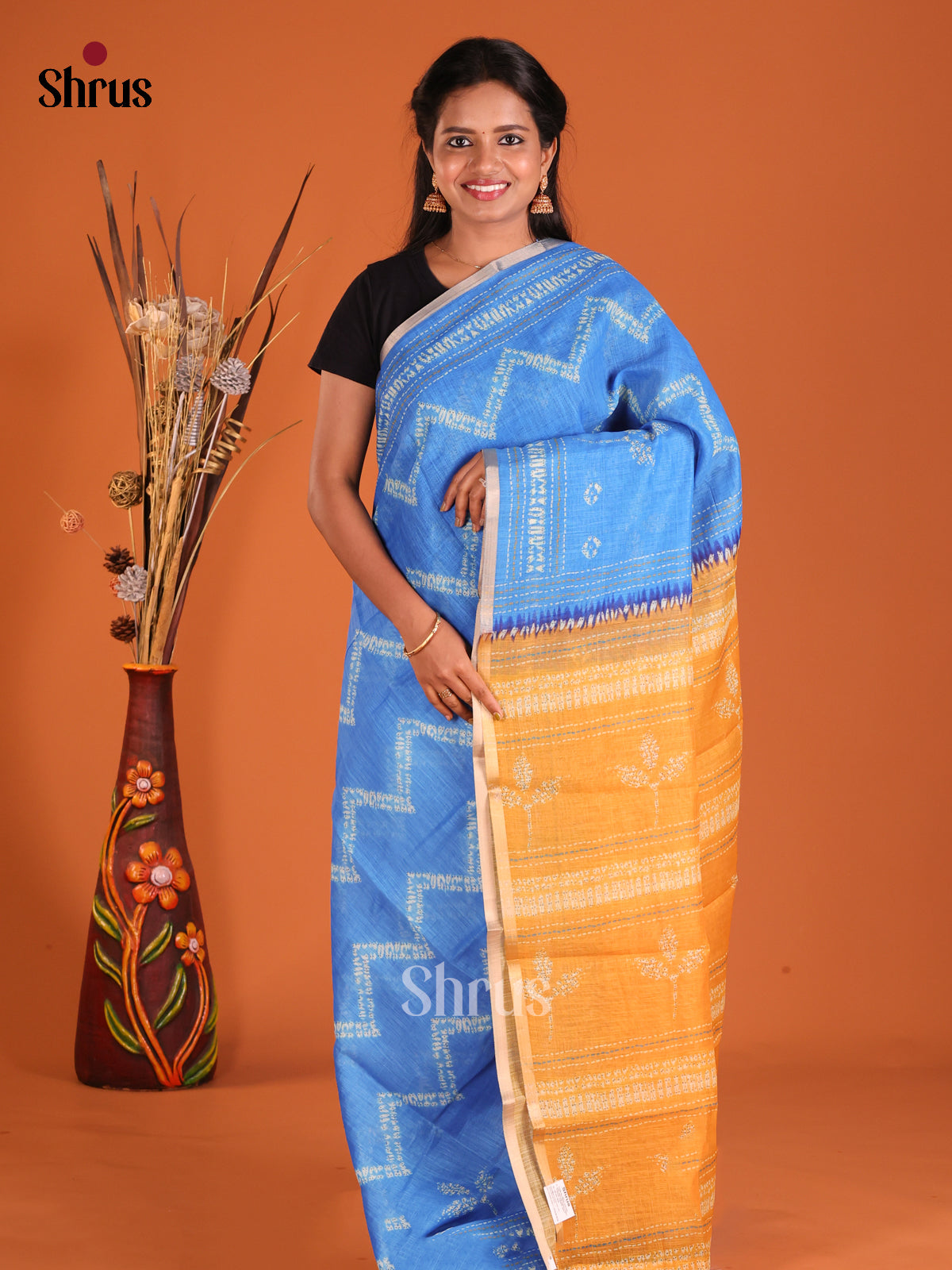 Blue & Mustard - Linen Cotton Saree