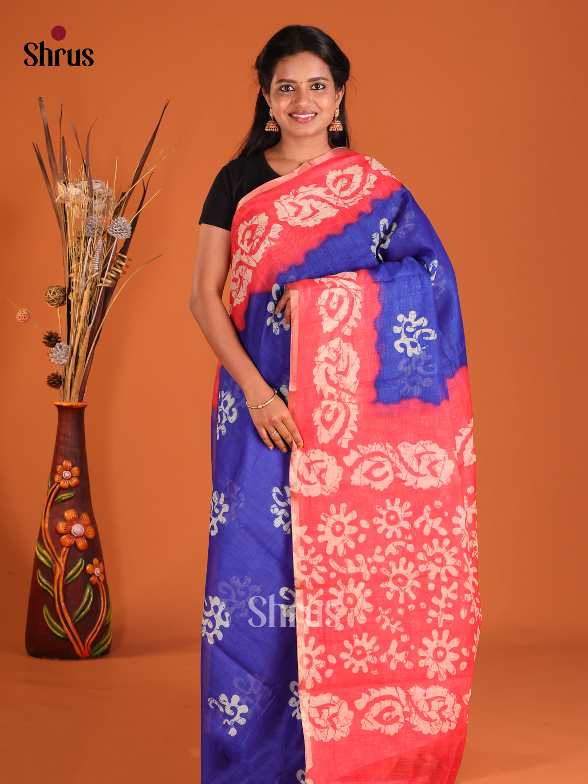 Blue & Red - Linen Cotton Saree