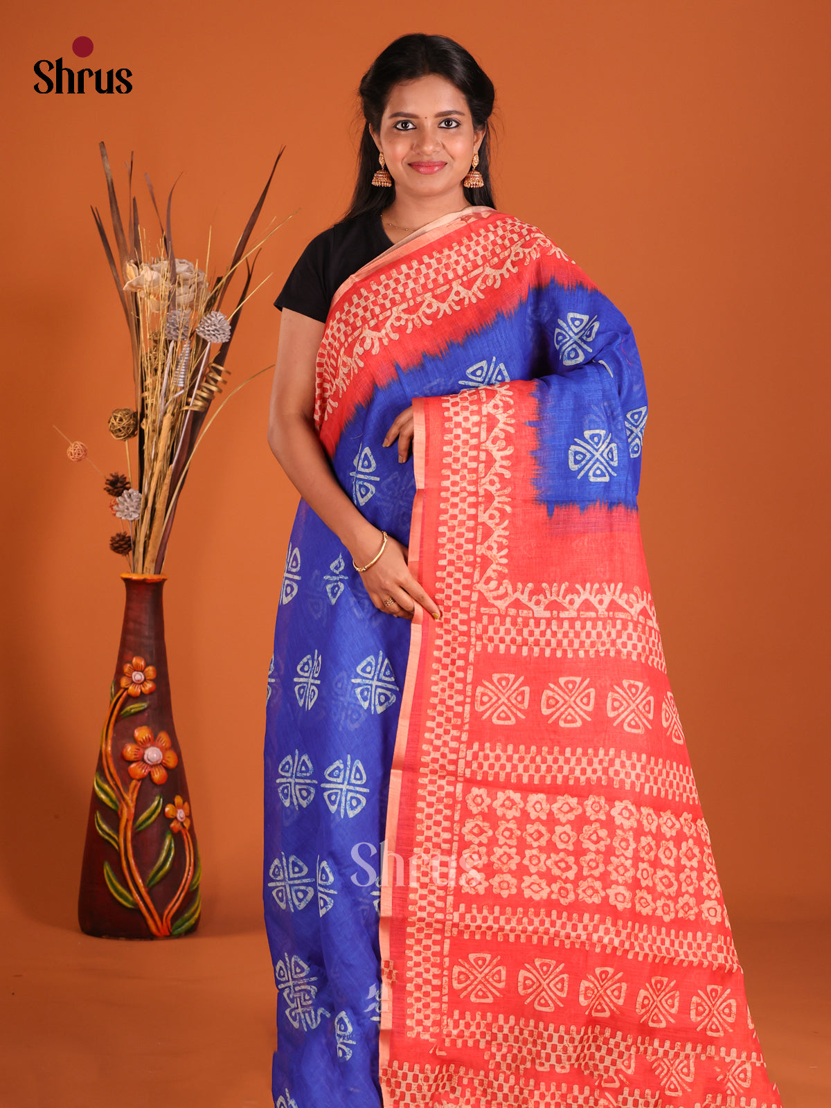 Blue & Red - Linen Cotton Saree