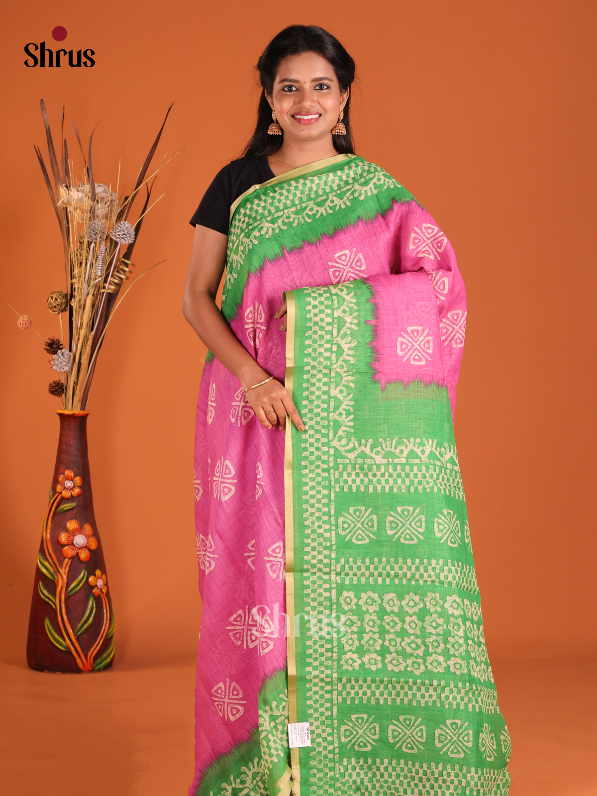 Pink & Green - Linen Cotton Saree - Shop on Shrus.com