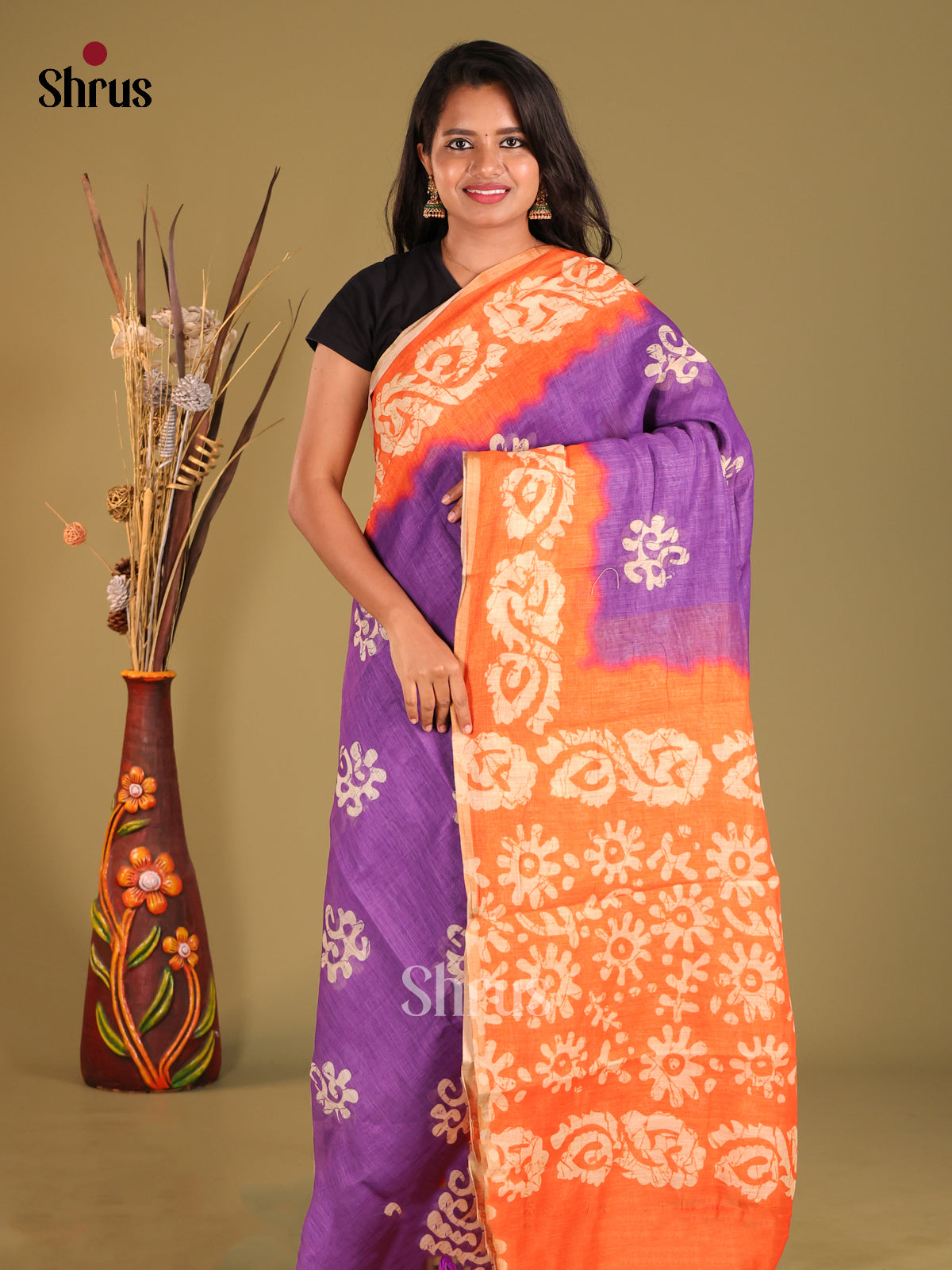 Purple & Orange - Linen Cotton Saree - Shop on Shrus.com