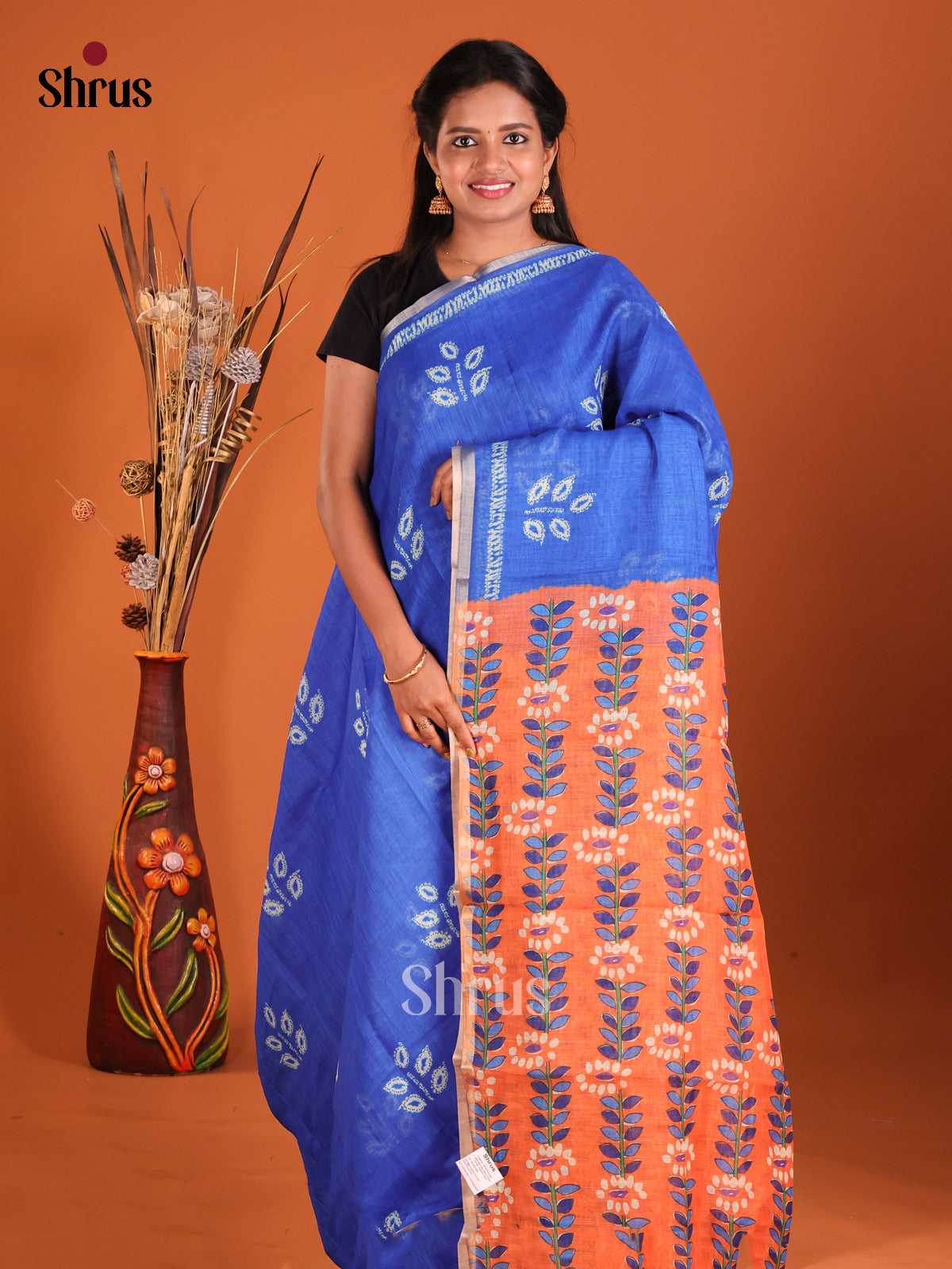 Blue & Orange - Linen Cotton Saree