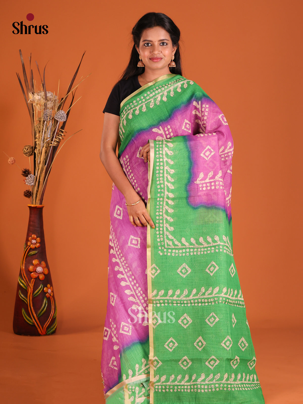 Purple & Green - Linen Cotton Saree