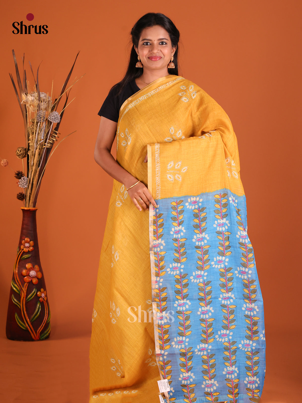 Yellow & Blue - Linen Cotton Saree