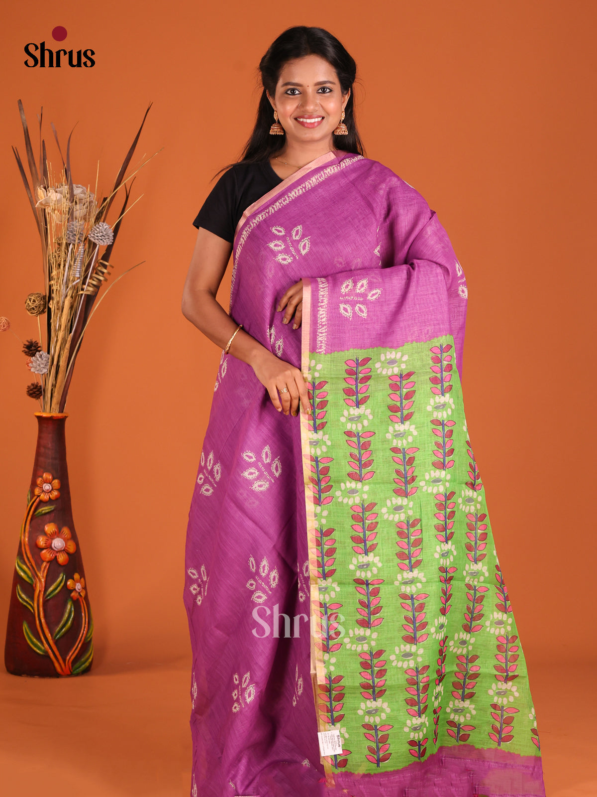 Purple & Green - Linen Cotton Saree - Shop on Shrus.com