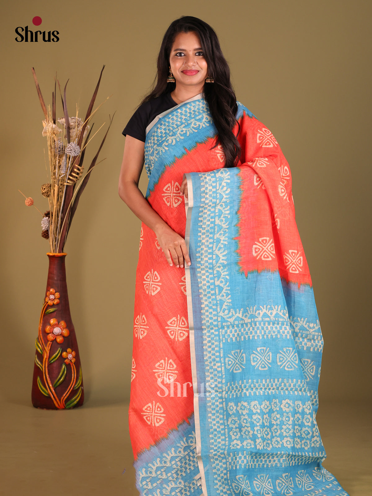 Orangish Pink & Blue- Linen Cotton Saree